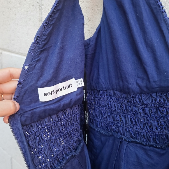 Self-Portrait | Deep V-Neck Broderie-Anglaise Dress in Navy Size 8 - Picture 10 of 15